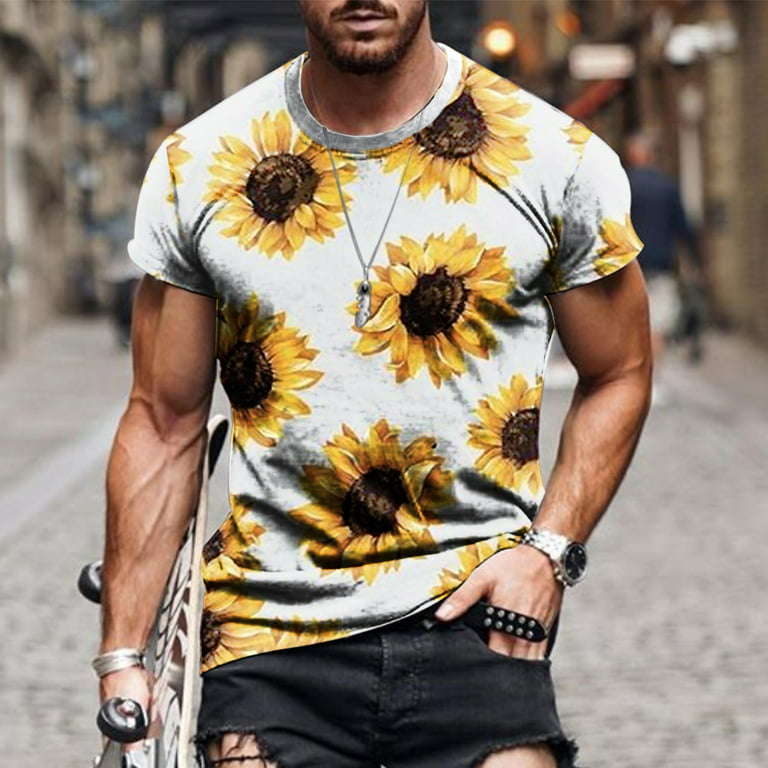 Frostluinai Savings Clearance 2023! Mens Gym Workout Slim Fit Short Sleeve  T-Shirt Athletic Shirts Running Fitness Tee Sunflowers Printed Pattern Tees