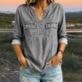 thumbnail image 5 of Kadlawus Long Sleeve Loose V Neck Denim Button Down Shirt Women Fall Casual Basic Pullover Tops Soft Stretchy Comfort Commute Travel Home Daily Wear, Gray 2XL, 5 of 7