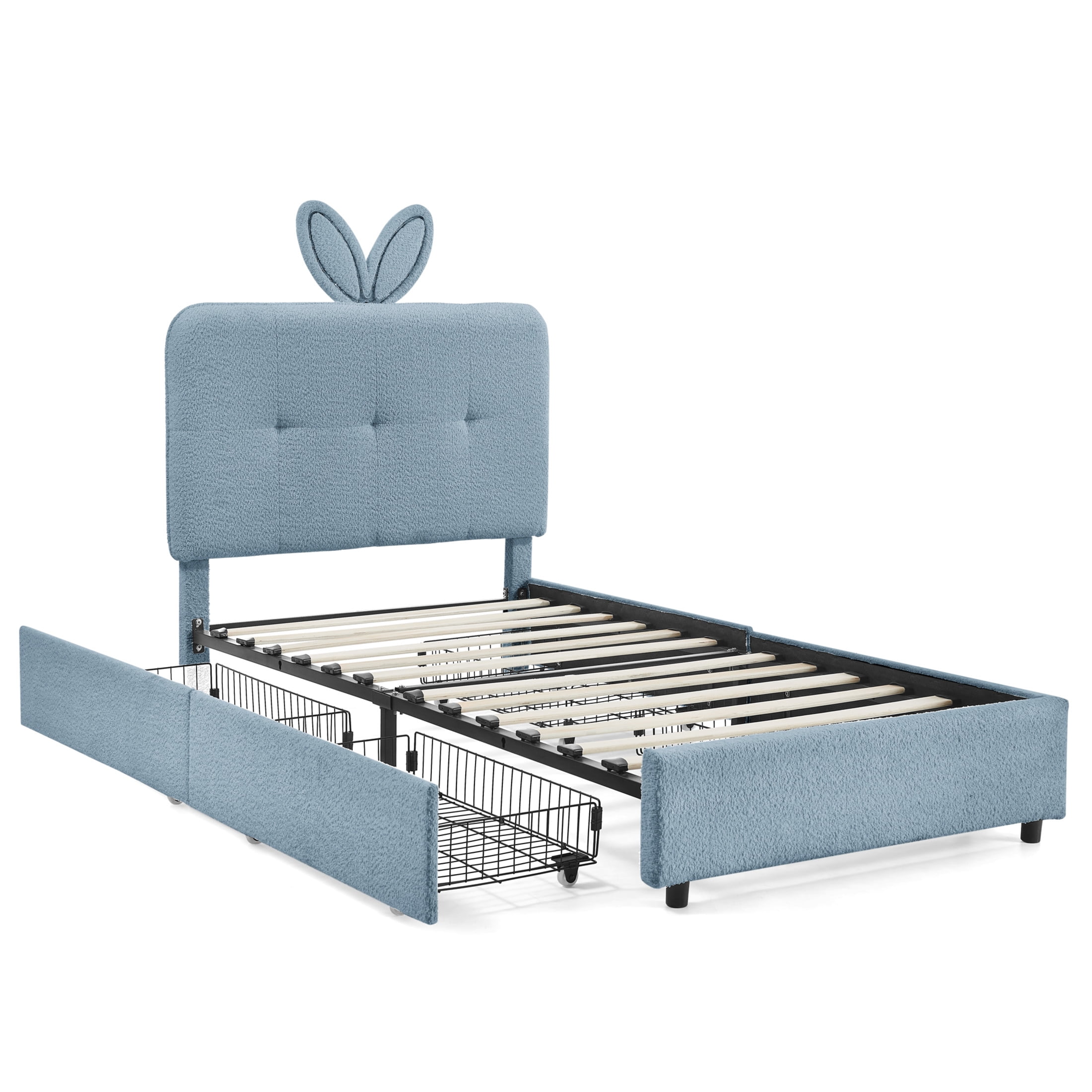 Noble House Bertis Twin Size Boucle Kids Bed, Rabbit Ear Headboard Bed Frame with LED Light and Storage Drawers, Navy