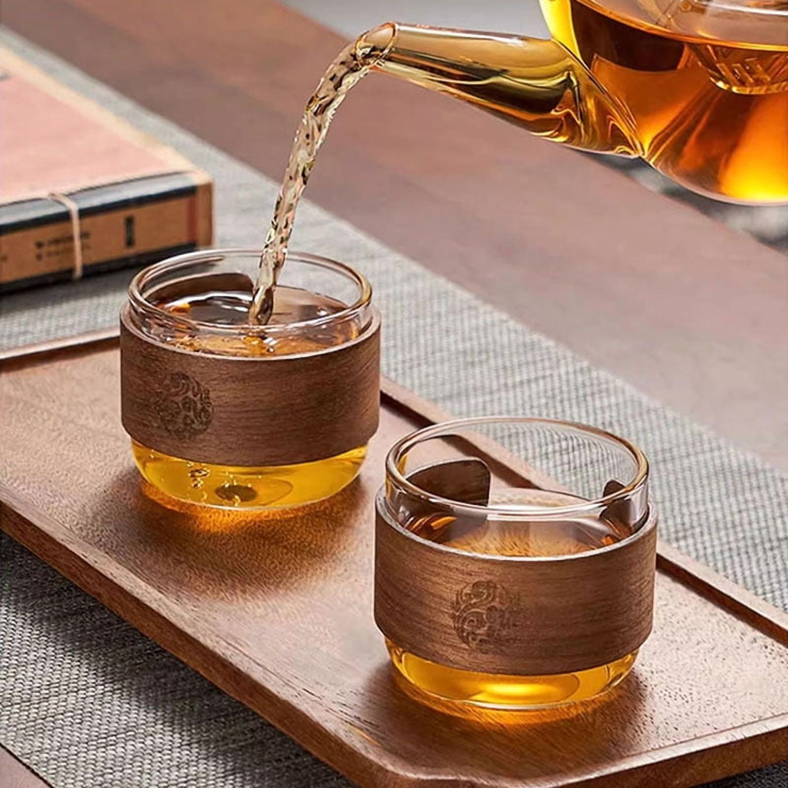 6pcs Heat-resistant Glass Tea Cup Set Of 150ml Home Coffee Espresso Mug With Scald Proof Wooden Holder Kungfu Tea Master Set