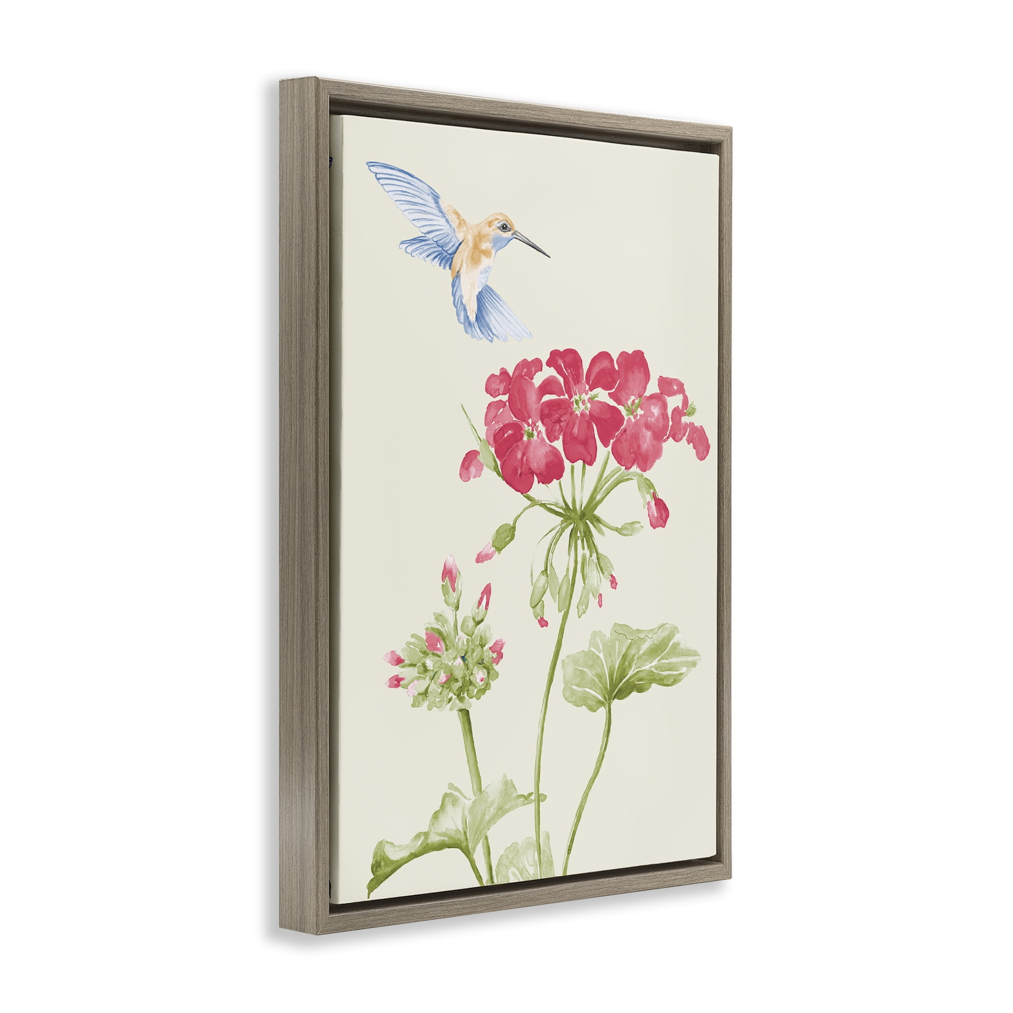 Stupell Industries Geraniums & Hummingbird Botanical & Floral Painting Brown Floater Framed Art Print Wall Art, 17 x 25