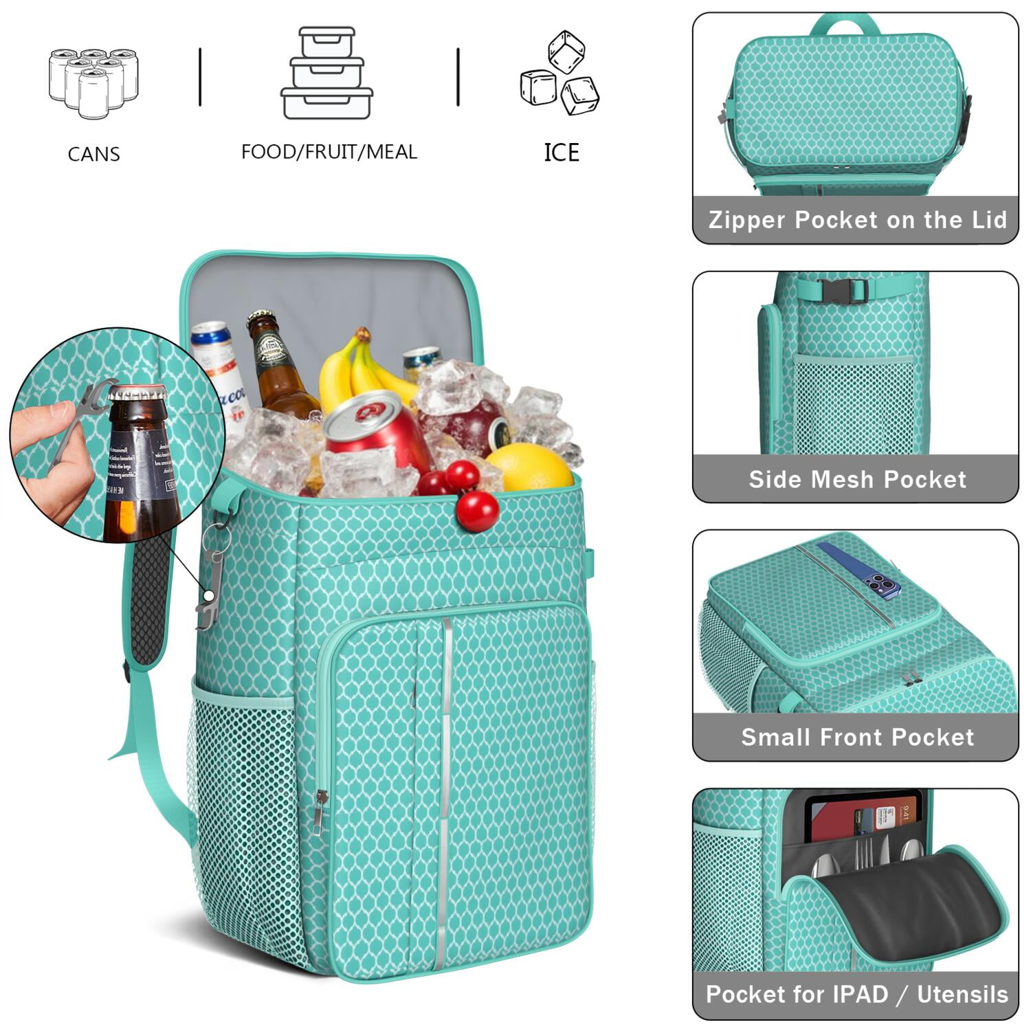 Travel Cooler Bag - Boho Bohemia Pioneer Flower Geometric Line Art Camping Beer Cooler Backpack with Bottle Opener- Waterproof Insulated Picnic Backpacks - Cooler Bag for Beach
