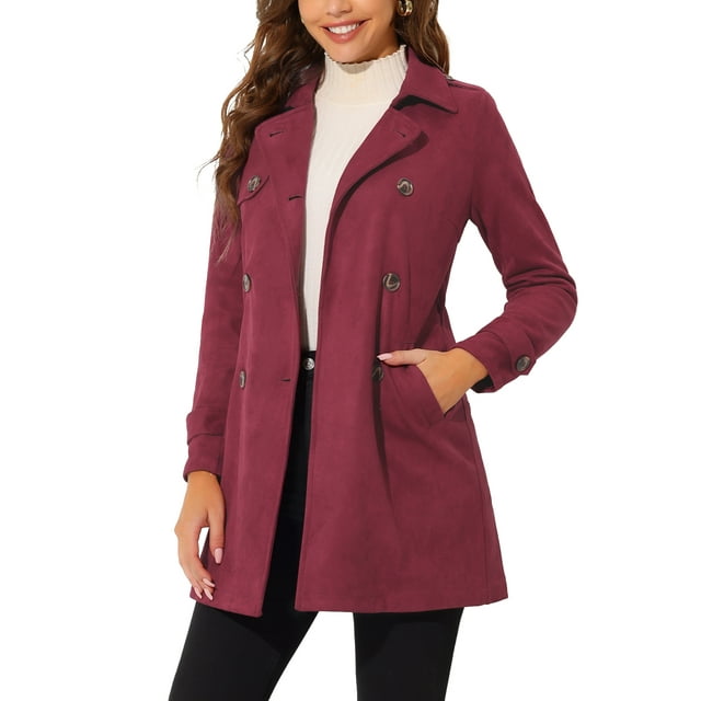 Abrigo de ante sintético de doble botonadura con solapa muesca para mujer INSPIRE CHIC en rojo profundo M