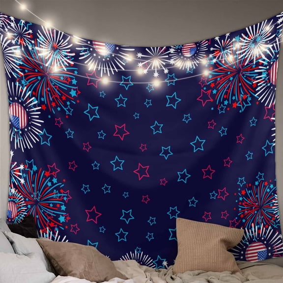 Independence Day Tapestry for Bedroom Wall Hanging Tapestry,Blue Fireworks US Flag Stars Sparklers Modern Ceiling Backdrop Tapestries Poster Blanket Wall Decor for Teens Room Living Room 59" x 79"