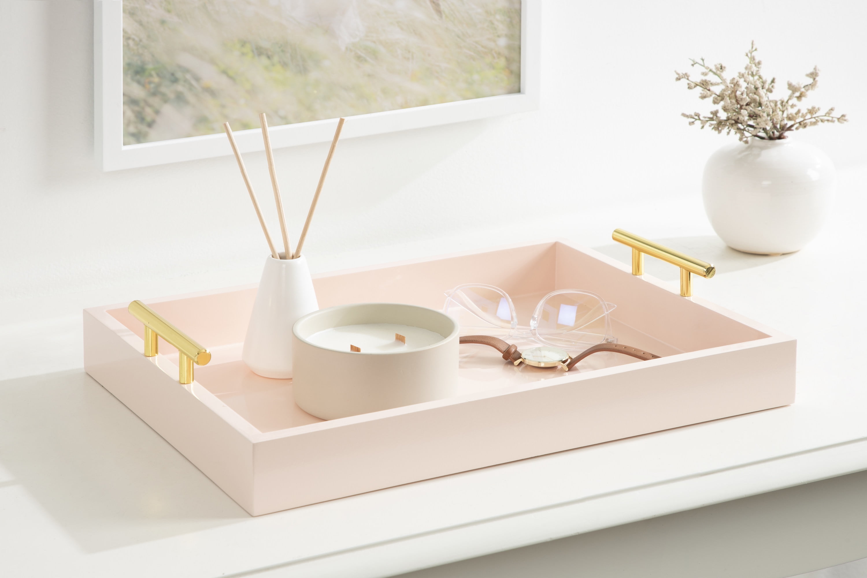 Kate and Laurel Lipton Decorative Modern Tray, 16.5 x 12.25, Pink, Glossy Pink Serving Tray with Polished Gold Handles for Hosting, Home Decor, and Storage