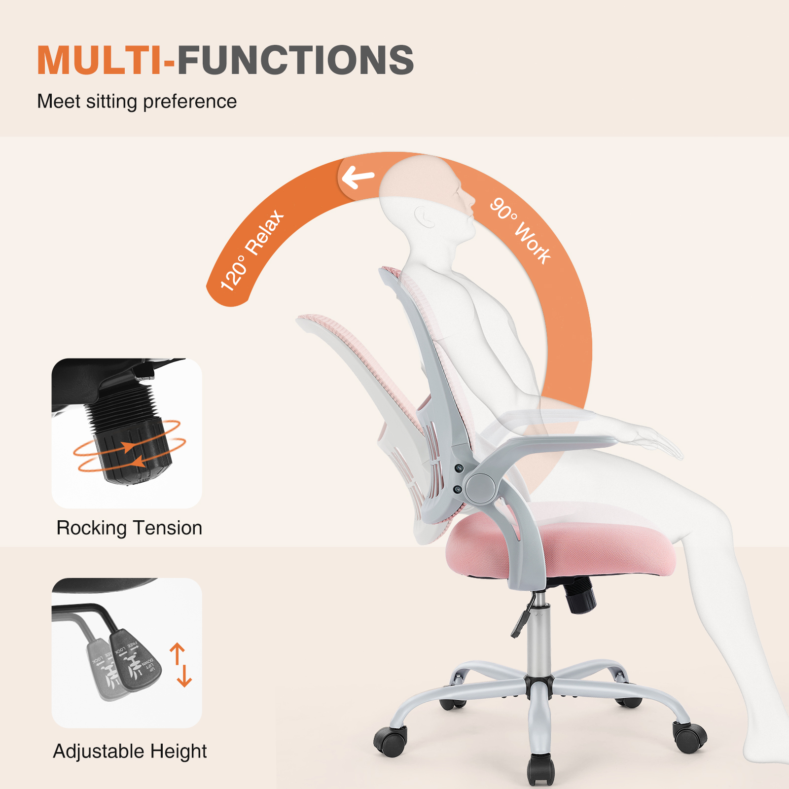 Tall Office Chair for Standing Desk with Adjustable Foot Ring, Counter Height Swivel Chair with Movable Armrests - Pink