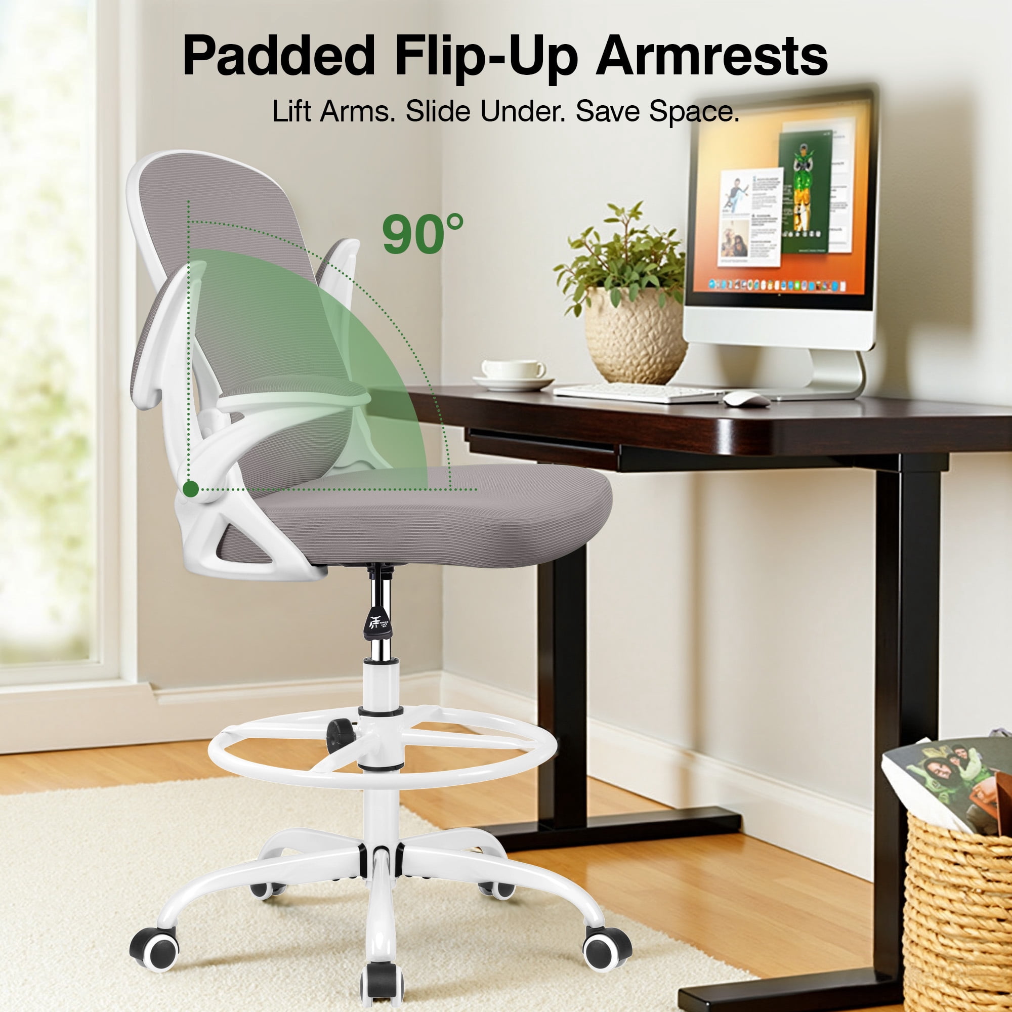 ATHOPE Ergonomic Office Chair, Mesh Desk Chair with Lumbar Support, Tall Office Chair with Flip-Up Armrests and Footrest Ring, Adjustable Computer Chair for Standing Desk Home Office, Gray