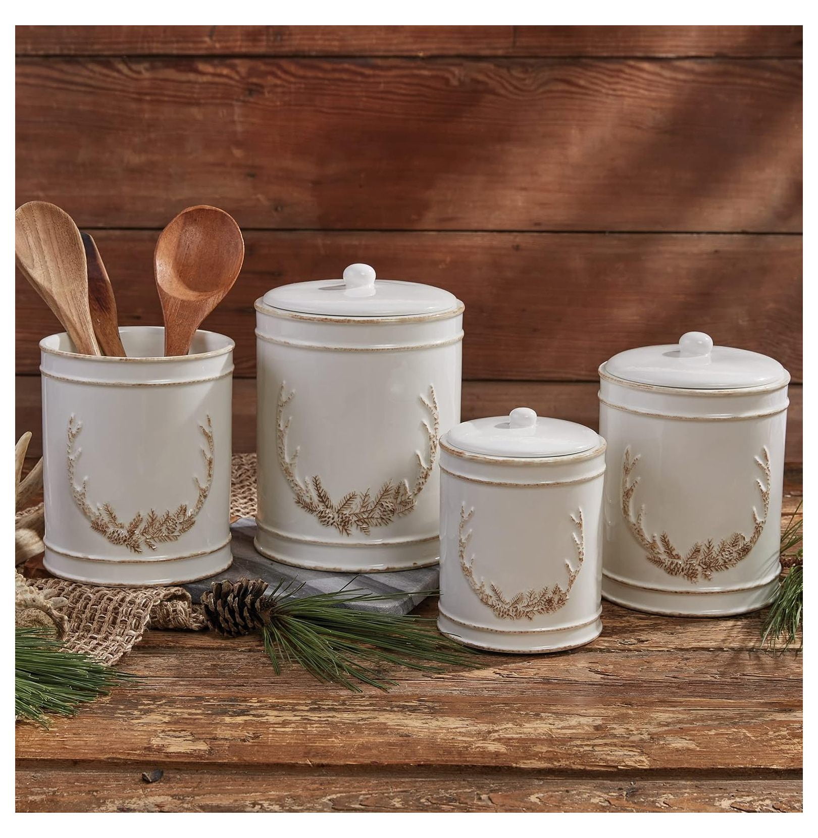 Antler Utensil Holder - Stoneware Kitchen Utensil Crock - Cream Farmhouse Decor - 6.75 x 5.75 inch - Countertop Organizer for Spoons, Forks, & Spatulas