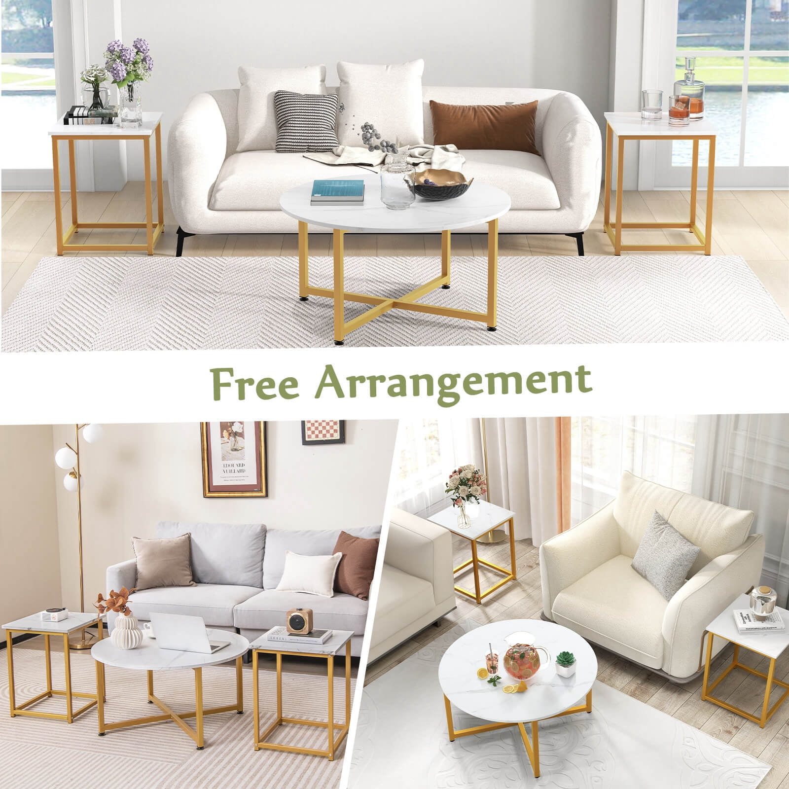 Costway 3 PCS Coffee Table Set Round Coffee Table and 2PCS Square End Tables Metal Frame White