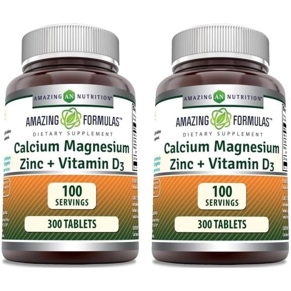 Amazing Formulas Calcium Magnesium Zinc D3 300 Tablets Supplement | Calcium 1000mg - Magnesium 400mg - Zinc 25mg Plus Vitamin D3 600 IU | Non-GMO | Gluten-Free | Pack of 2