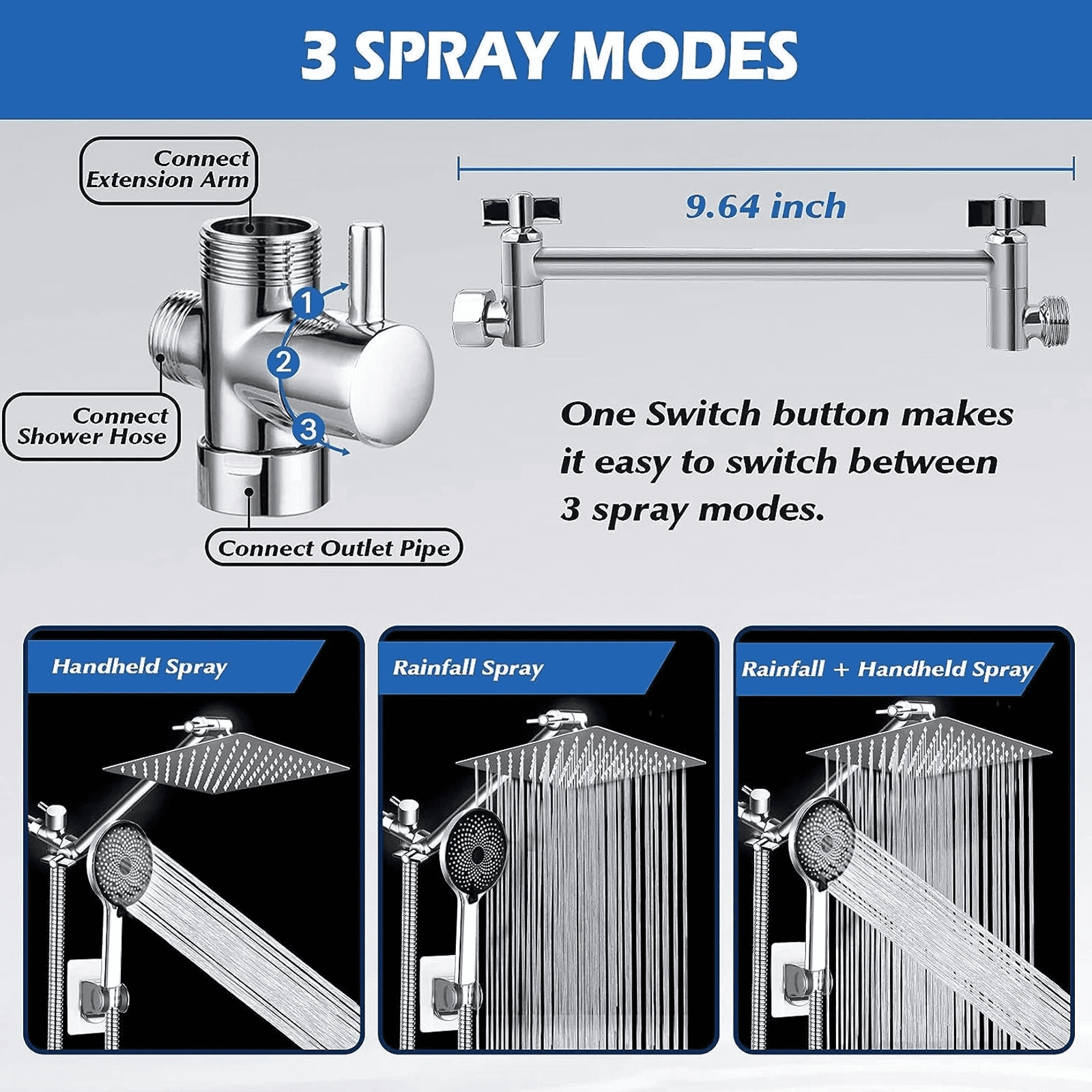 Zovajonia 10 inch Rainfall Shower Head Combo Stainless Steel Rain Shower Head with 3 Modes Handheld Water Spray,High Pressure Showerhead with Arm