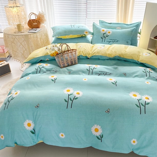 Juego de Cama de 4 Piezas para Dormitorio | Sábana de Poliéster Verde y Azul con Funda de Edredón y Fundas de Almohada | Estampados Frescos y Reversibles | Apto para Camas de 180 Cm | Decoración Dura