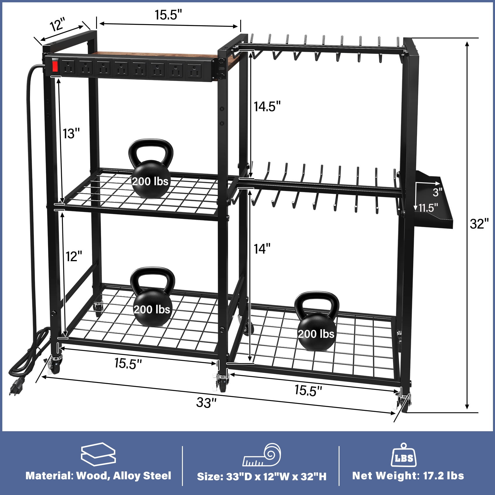 TC-HOMENY Movable Power Tool Organizer Cart w/ 8 Outlets Charging Station, 28 Power Drill Tool Garage Battery Storage Rack, Heavy Duty 3-Tier Tools Organizer, Festive Gifts for Men Dads Father