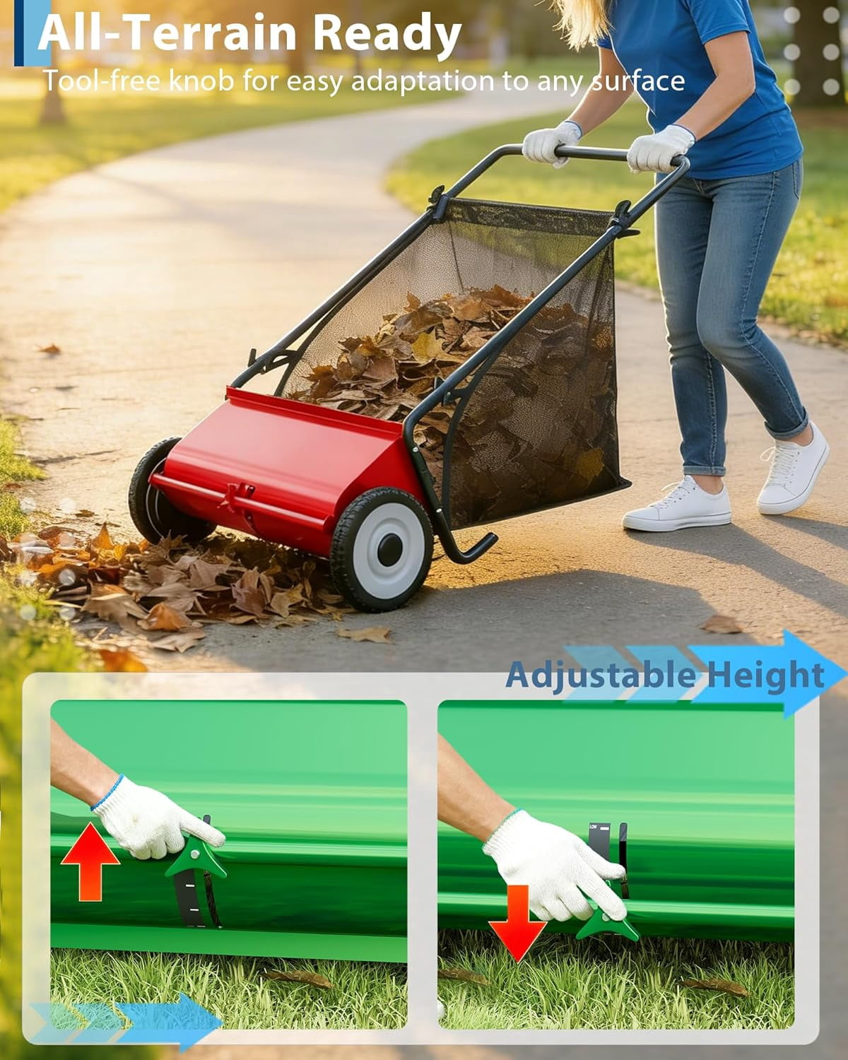 Red Push Lawn Sweeper, 26-Inch with 4 High-Speed Brushes, Heavy-Duty Steel Frame & Large 7 Cu. Ft Hopper Bag for Yard and Leaf Cleanup