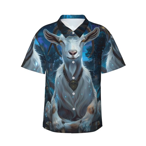 Lsque Forest Meditating Goat Pattern Hawaiian Shirt for Men Unisex Summer Beach Casual Short Sleeve Cotton Linen Button Down Shirts,3X-Large