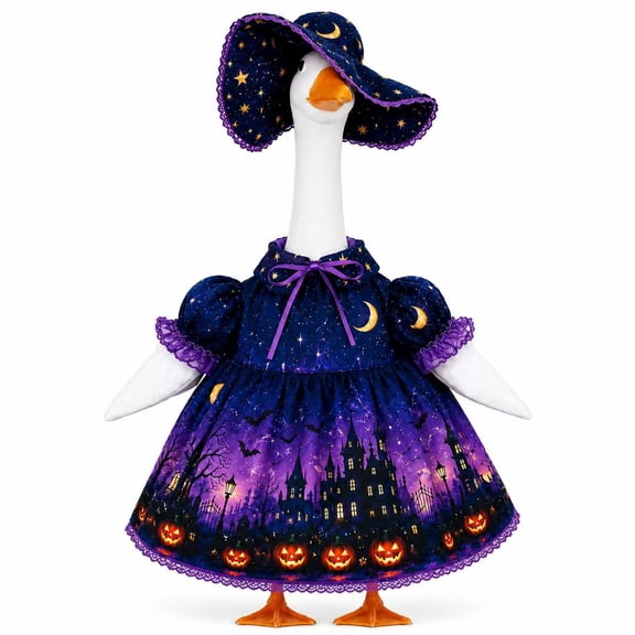 Halloween Witch Themed Porch Goose Outfit Set with Horror House Print Dress and Hat for 23 Inch Lawn Goose Statues Spooky Front Porch Holiday Decor