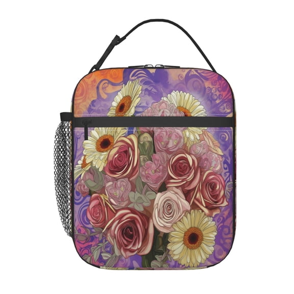 Luxurious Floral Pattern Lunch Bag for Office Women – Stylish Thermal Insulated Tote with Shoulder Strap, Lightweight for Work or Travel