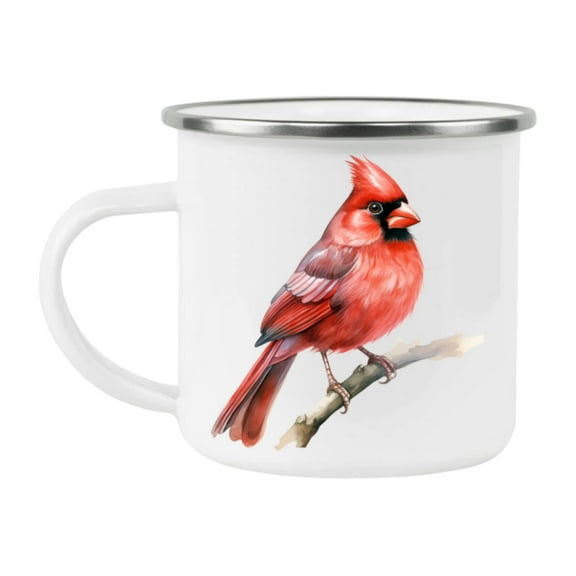 Bird Watching Mug, Northern Cardinal Song Bird Camping Mug, 12oz Camping Mug, White Stainless Steel Cup with Handle