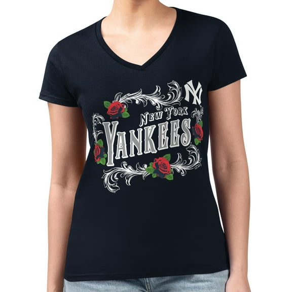 Women's G-III 4Her by Carl Banks  Navy New York Yankees Super-Slim Fit Lightweight Retro Roses V-Neck T-Shirt