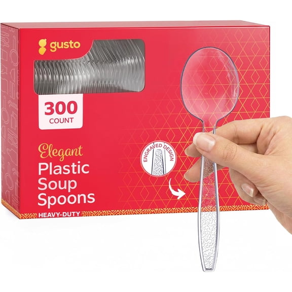 GUSTO Clear Soup Spoons Plastic Silverware Heavy Duty Disposable Cutlery, 300-Pack