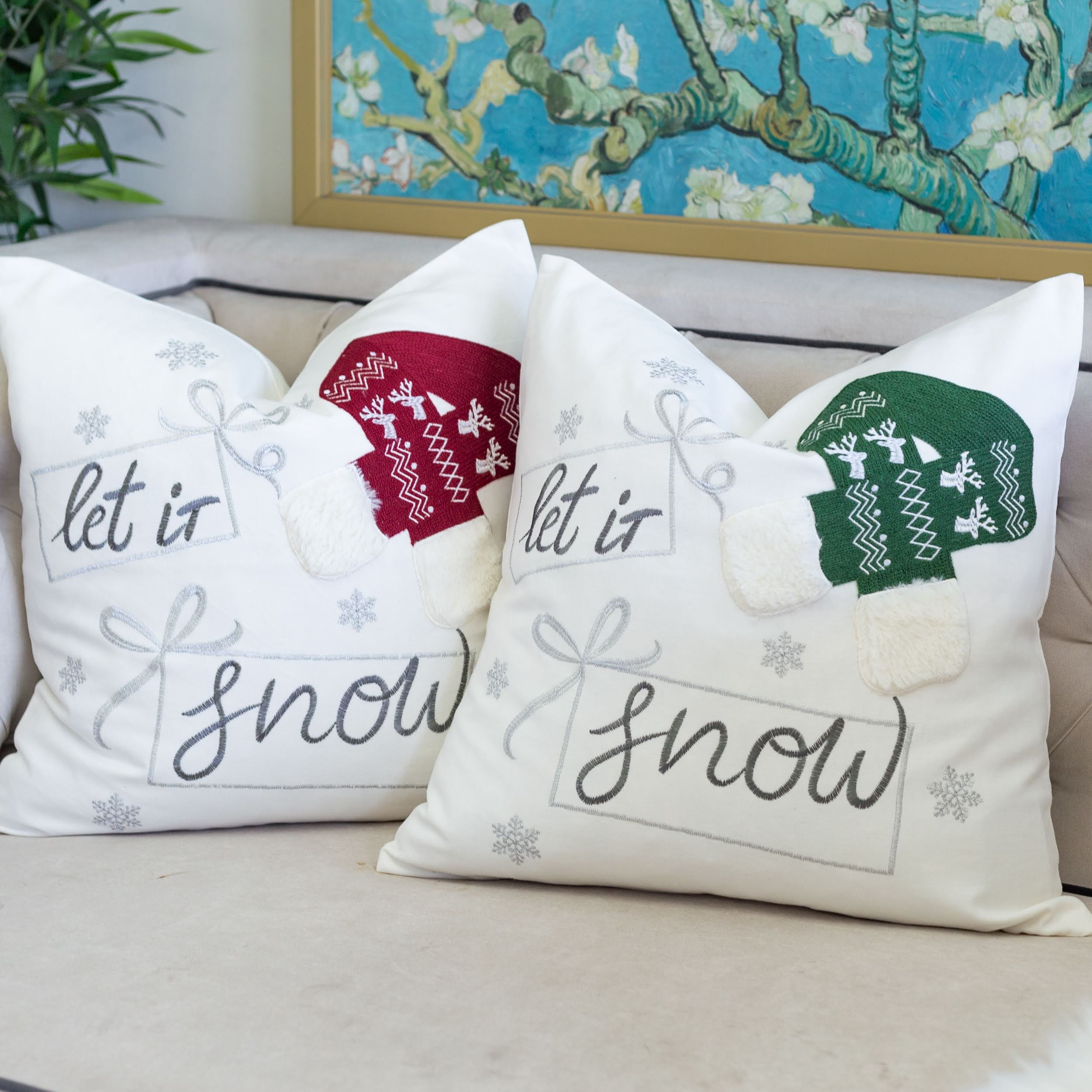 Let It Snow Embroidered Throw Pillow with Green Knit Hat 20x20 Inch Cotton Holiday Decor