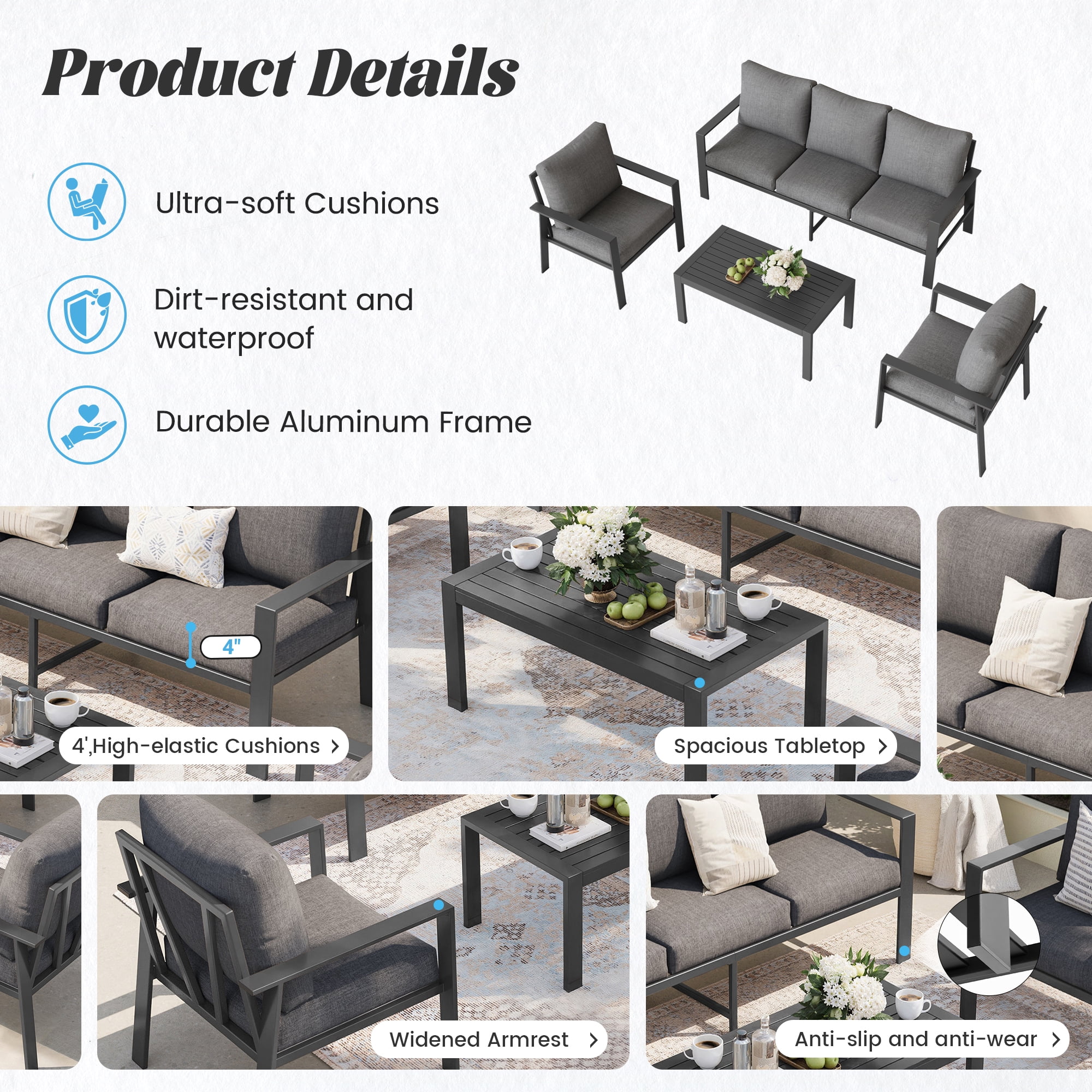 MRUAKA Aluminum Patio Furniture Set, 6 Pcs Modern Outdoor Sofa Sets, Outdoor Sectional Patio Conversation Set with Coffee Table for Backyard, Poolside, Dark Grey