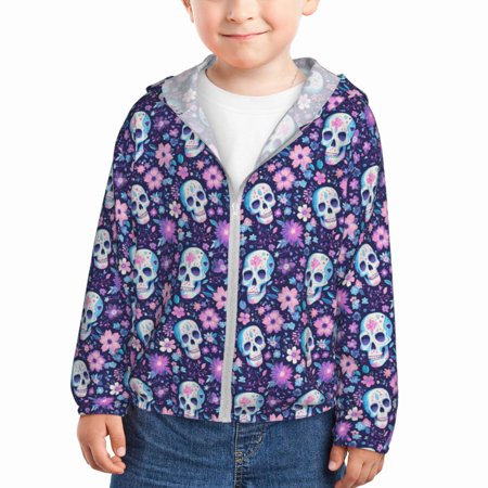 

Wukai Skull Purple Flower Print Kids Sun Protection Hoodie Zip-Up Jackets Long Sleeve Shirts Fishing Shirt with Pocket for Kid-3 Years