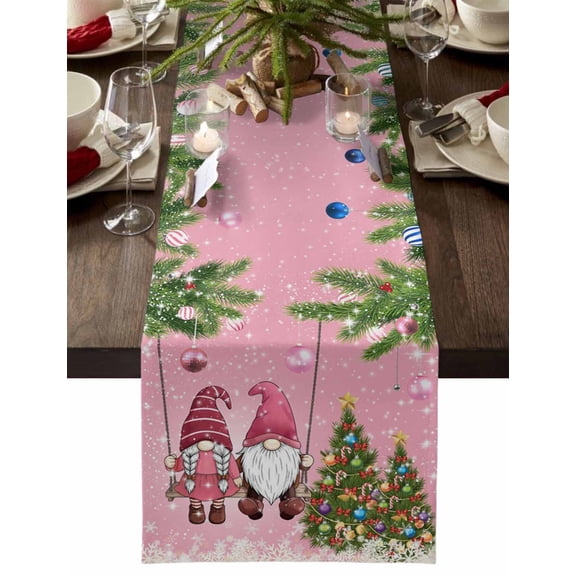 ERUNPONLY Pink Gnomes Christmas Table Runner - 60 Inch Long Xmas Tree Balls Snowflake Cotton and Linen Blended Dress Scarves Farmhouse Table Runner for Kitchen Dining, Coffee Table, 13" x 60"