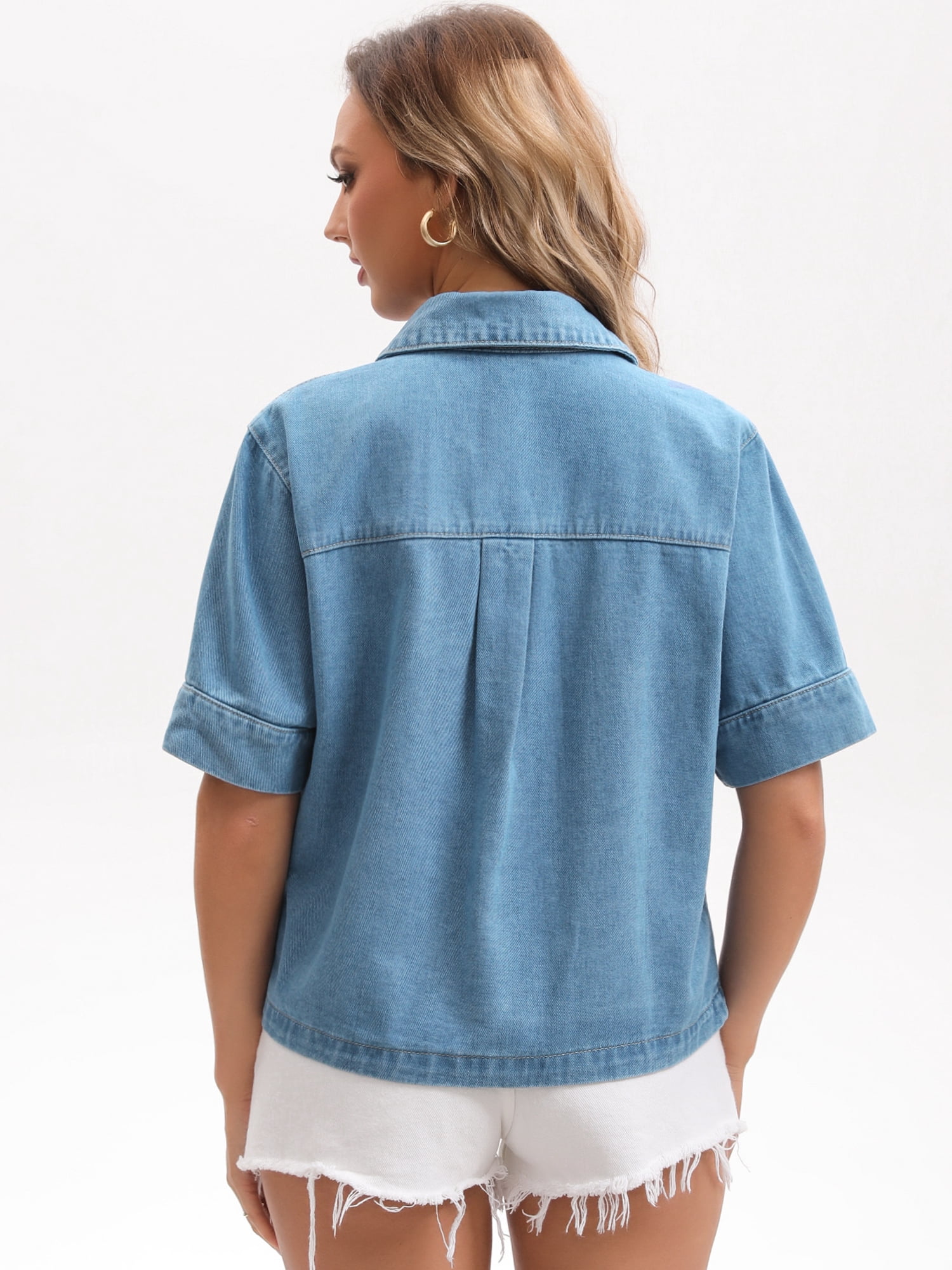 DARING DIVA Women's Short Sleeve Button Down Boxy Shirt Tops Jean Jacket M Light Blue