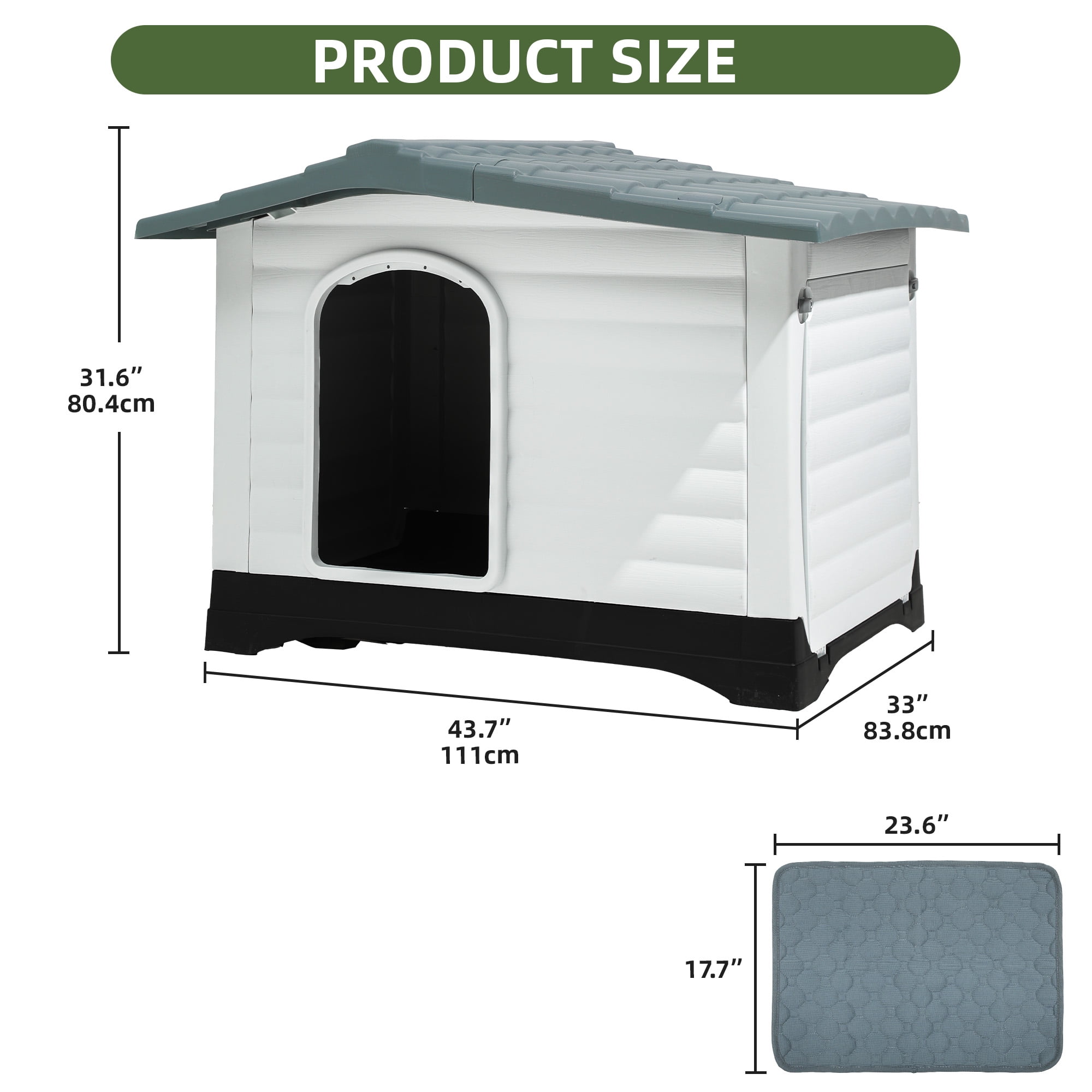 Uforic 43.7"Large Waterproof Plastic Dog House with Porch & Cushion, Outdoor Indoor Double Door Doghouse,Gray,43.7"L x 33"W x 31.6"H