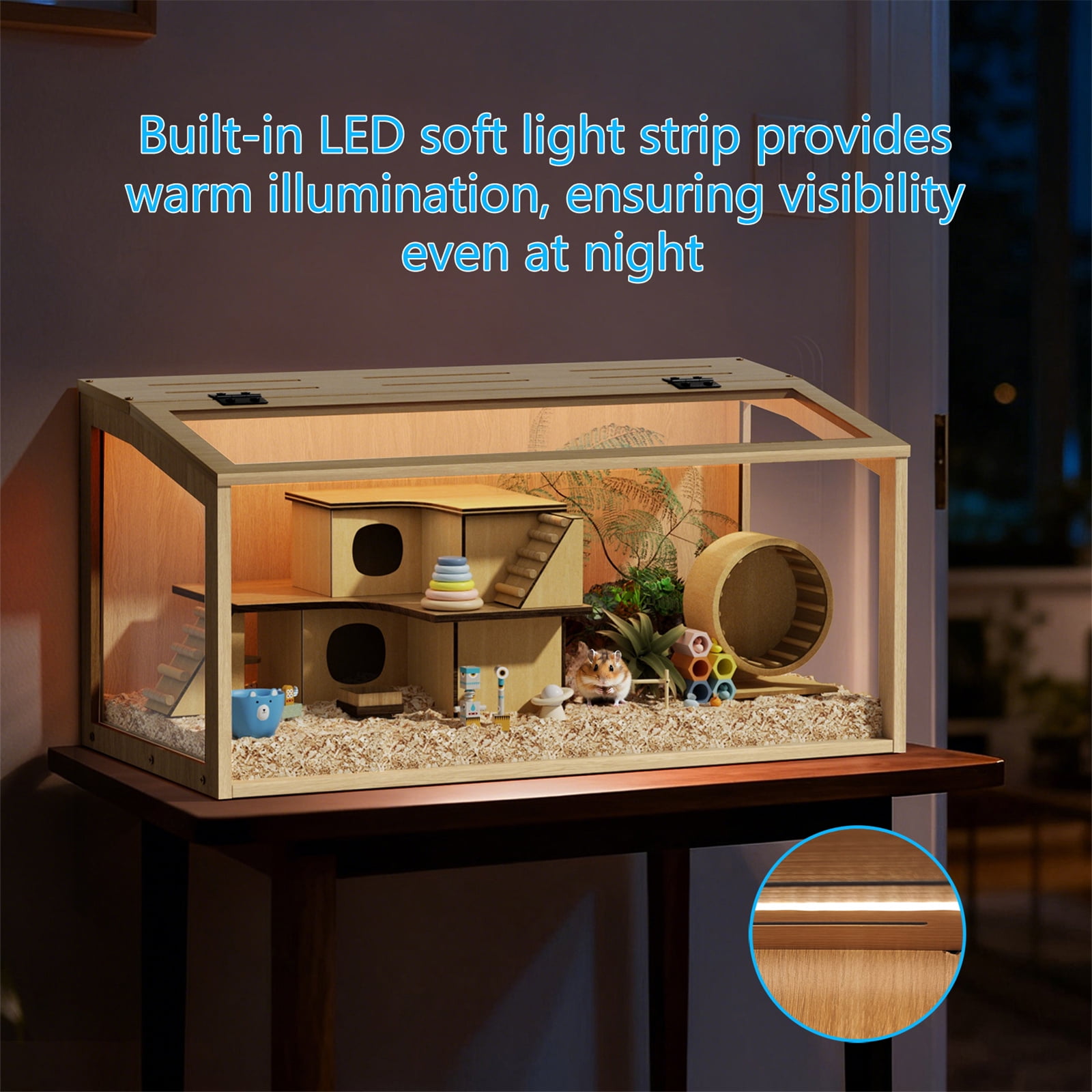 Bingopaw Chew-proof Wooden Hamster Cage Clear Glass Panel Tabletop Habitat with LED Light for Small Pets