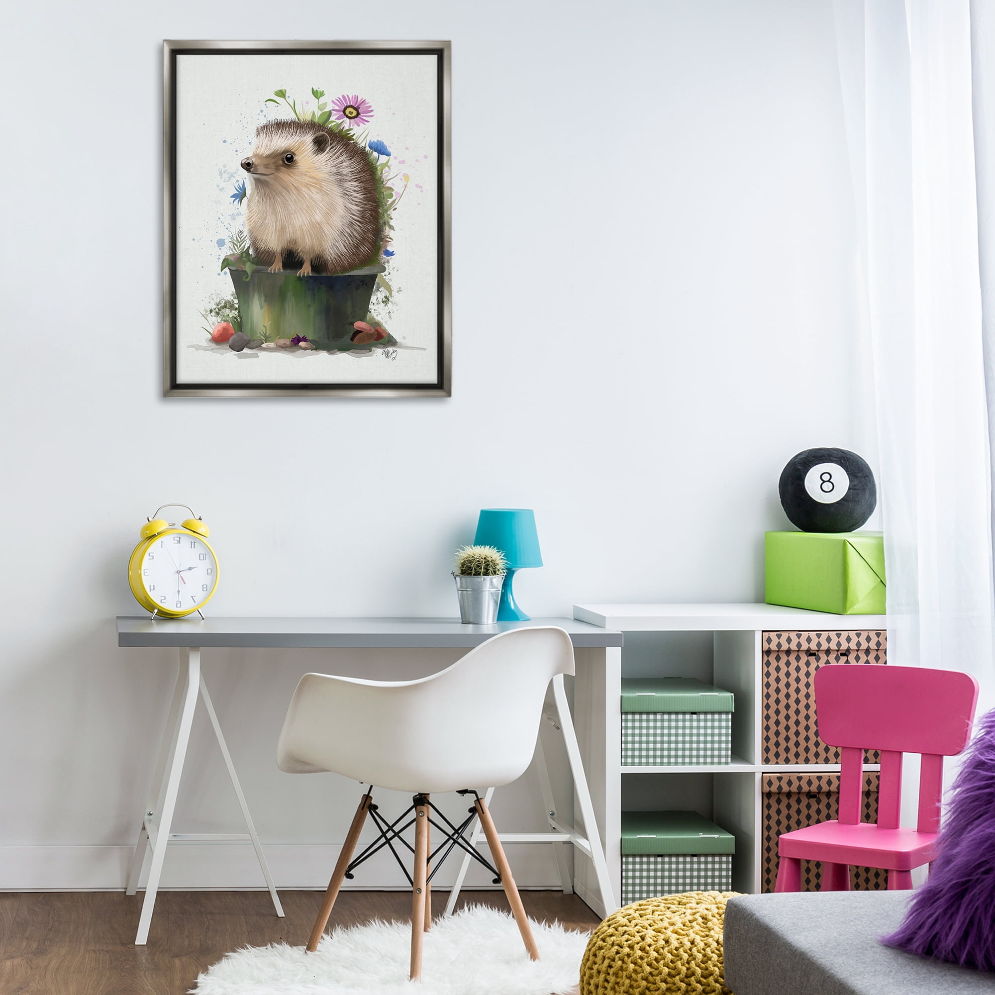 Stupell Industries Hedgehog in Gardening Pot Animals & Insects Painting Gray Floater Framed Canvas Art Print Wall Art, 25 x 31