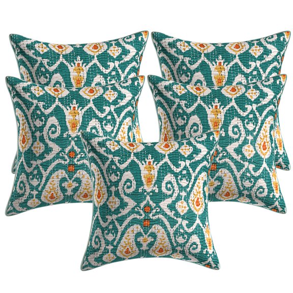 Stylo Culture Indian Settee Sofa Throw Pillow Covers 16x16 Kantha Emerald Green Printed 40x40 cm Home Decor Cotton Ikat Square Cushion Covers | Set Of 5