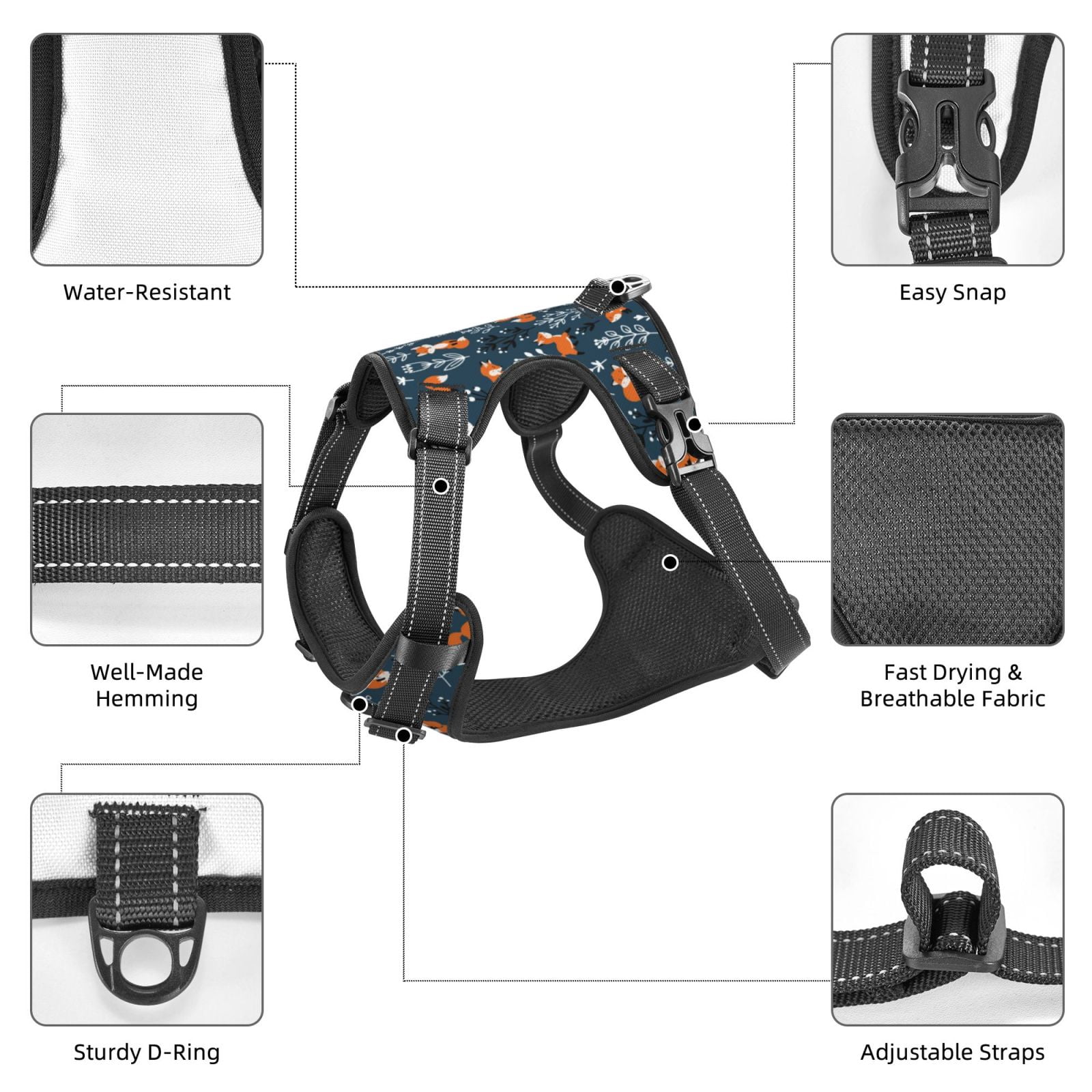 Fuzoiu cute fall fox Print Reflective Dog Harness,Adjustable, Breathable Pet Vest,Dog Harness No Pull,No Choke Pet Vest for Small, Medium, and Large Dogs-Medium