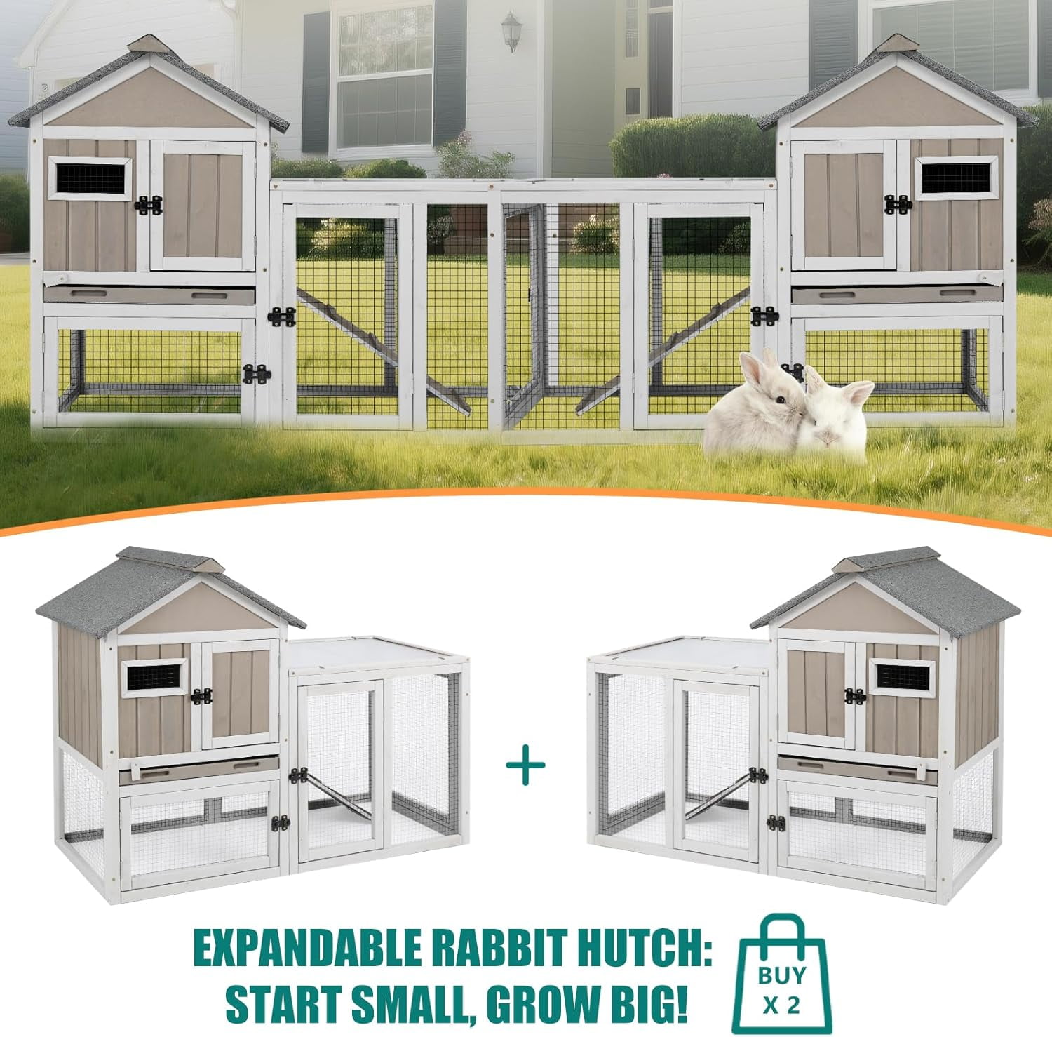 Gowoodhut Rabbit Hutch Indoor 2-Story Bunny Cage Outdoor with Run for Small Animals, Gray