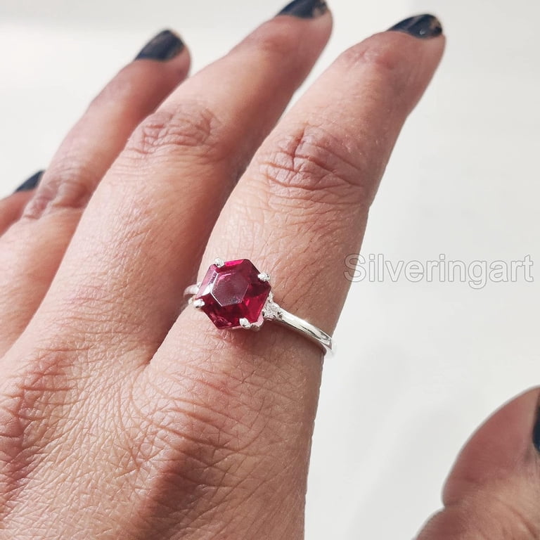 Hexagon Ruby Ring, 925 Sterling Silver, CZ Ring, Women Ring, Hydro