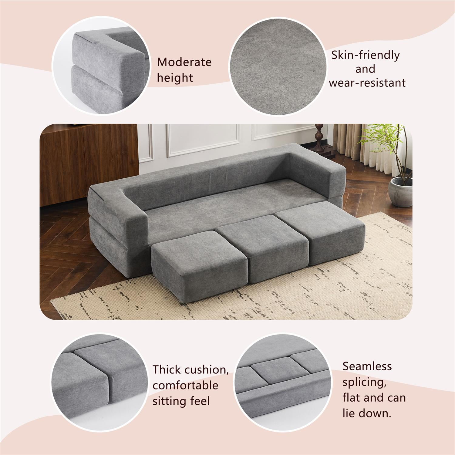 Demi Bonn Convertible Sectional Sofa with 3 Storage Ottomans, Space-Saving Chenille Couch, High-Resilience Foam for Studio Apartments & Home Offices, Gray