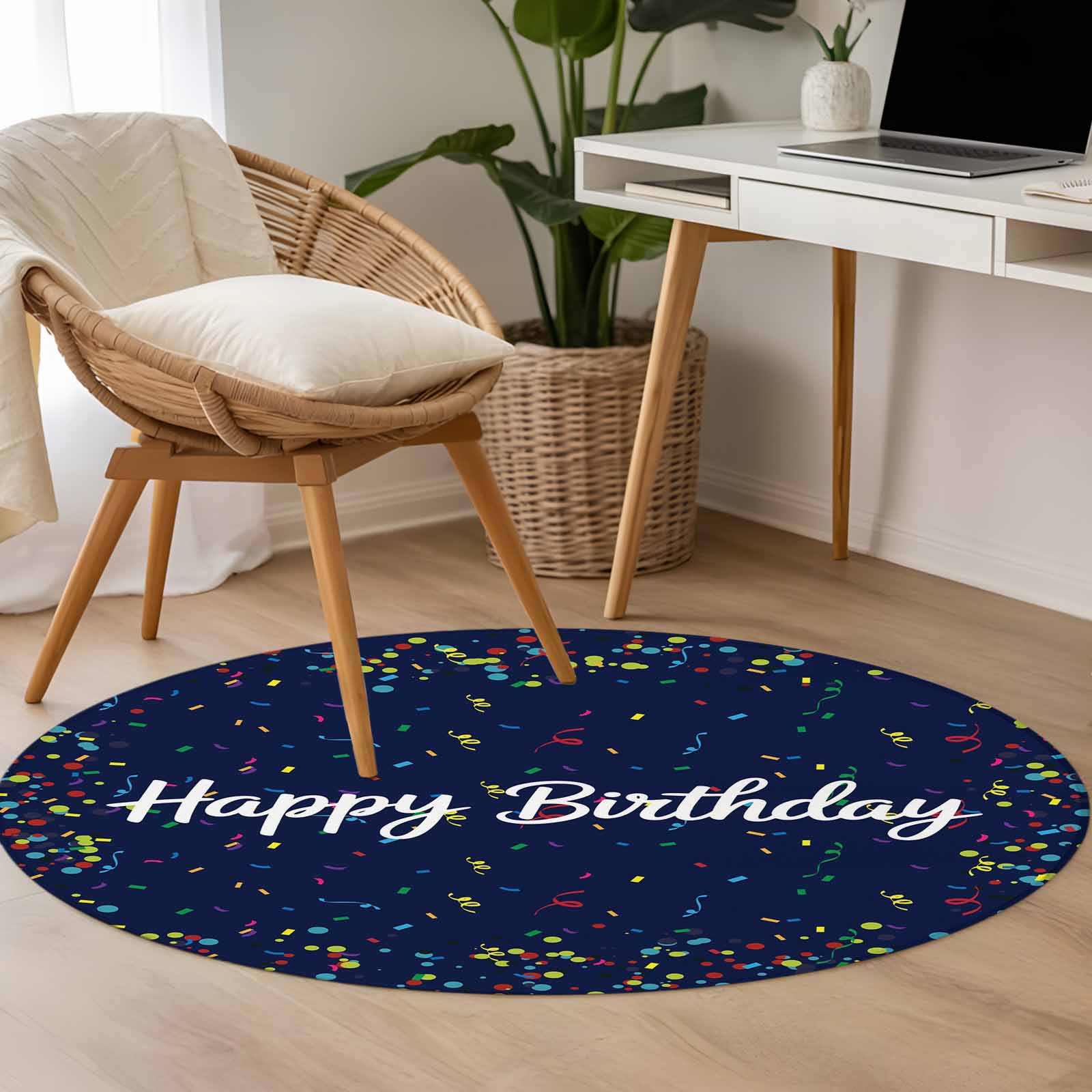 Happy Birthday Large Area Rugs for Bedroom Living Room, Soft Non Slip Carpet Bedside Rug, Navy Blue Modern Abstract Art Round Floor Cover Kitchen Accent Rug 4' for Dining Room/Office