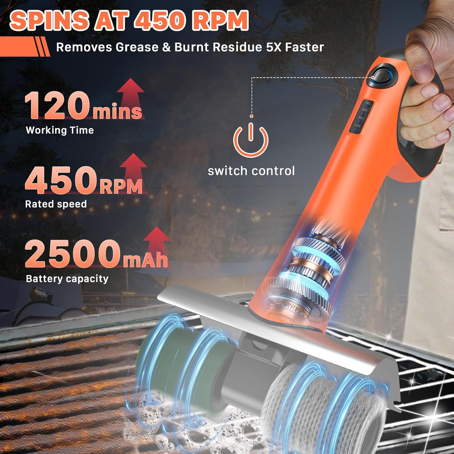 Grill Brush for Outdoor，Cordless Rechargeable Grill Brush with 3 Brush Heads, Grill Electric Cleaning Brushes Without Bristles, LED Light, Grill Scraper, Grilling Gifts for Men,Orange
