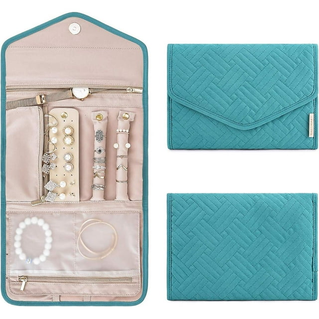 Organizador de joyas de viaje, caja de joyería plegable para anillos de viaje, collares, pulseras, pendientes, cian