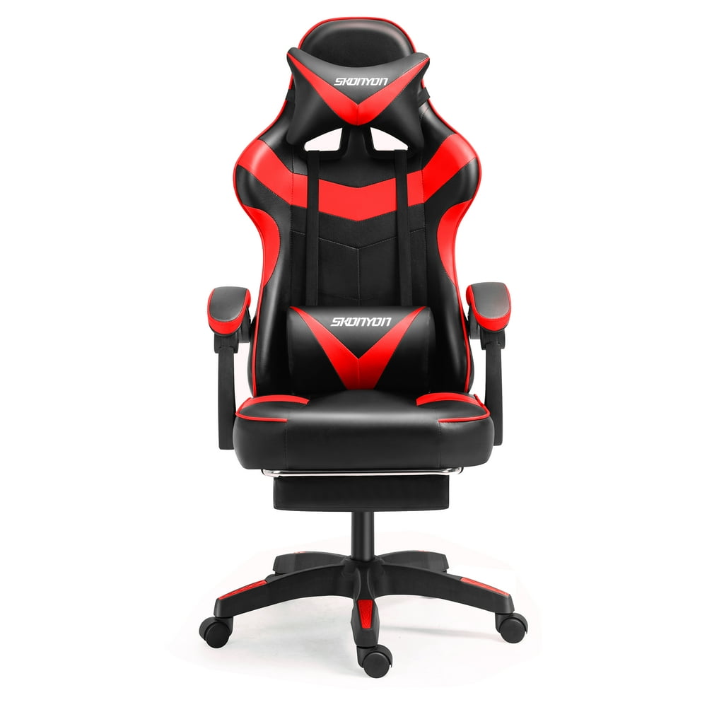 Gaming Chair Racing Office Computer Ergonomic Video Game Chair Backrest and Seat Height Adjustable Swivel Recliner with Headrest and Lumbar Pillow Esports Chair (Black + Red)