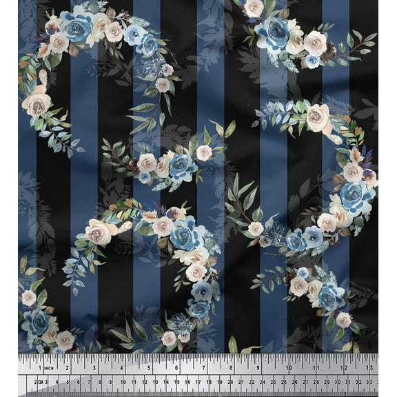Soimoi Black Cotton Duck Fabric Stripe & Half Wreath Rose Floral Fabric Prints By Yard 42 Inch Wide
