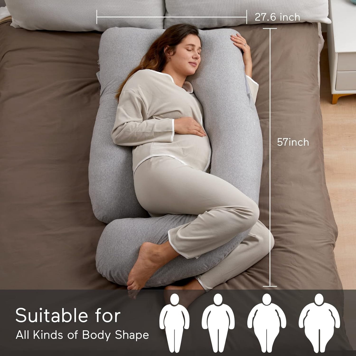 Shaped Pregnancy Pillows with Cotton Removable Cover, 57 Inch Full Body Pillow Maternity Support, Must Have for Pregnant Women, Hatha Grey