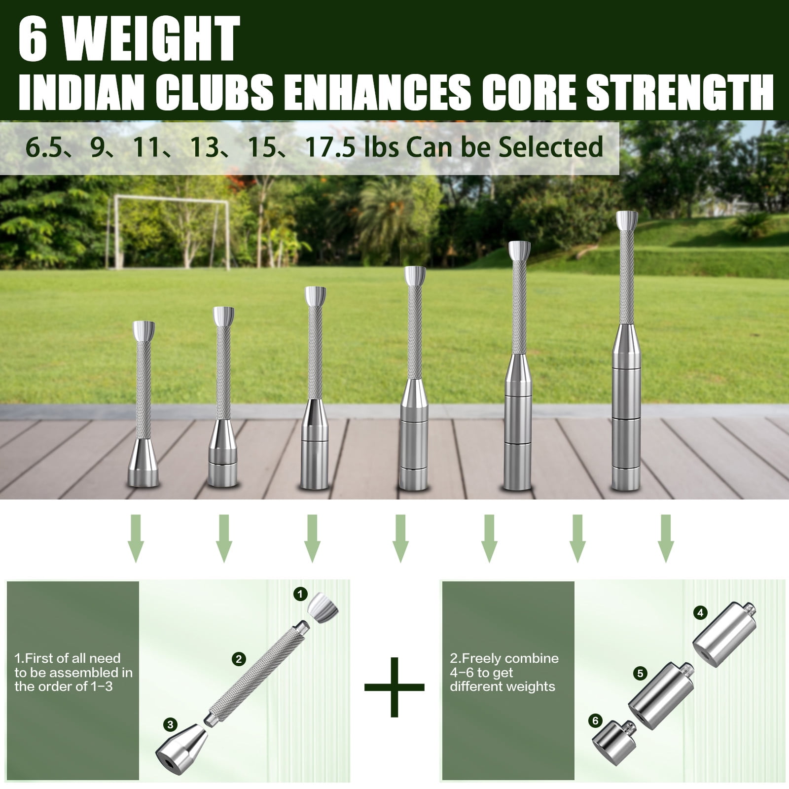 Adjustable Macebell Clubbell, 6-in-1 Premium Steel Indian Club, Strength Training Equipment for Full Body, Muscles, Shoulder, Grips & Forearms Workouts(6.5/9/11/13/15/17.5LBs)