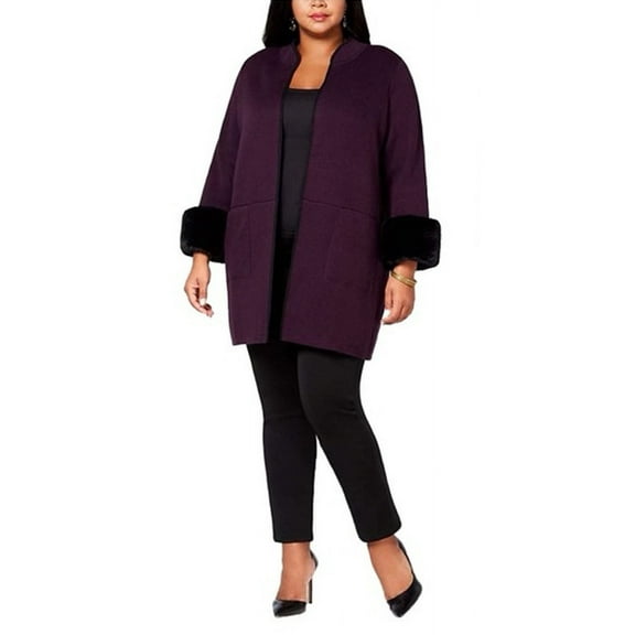 Alfani Women's Plus Open Front Fur Cuff Cardigan Sweater- Purple/Black -(1X)