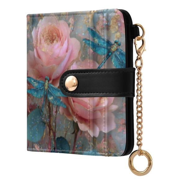 Qxltty Pink Rose Blue Dragonfly Ladies Wallet Rfid Slim Thin Compact Credit Card Women Wallet Zipper Coin Pocket and ID Window for Female Gifts