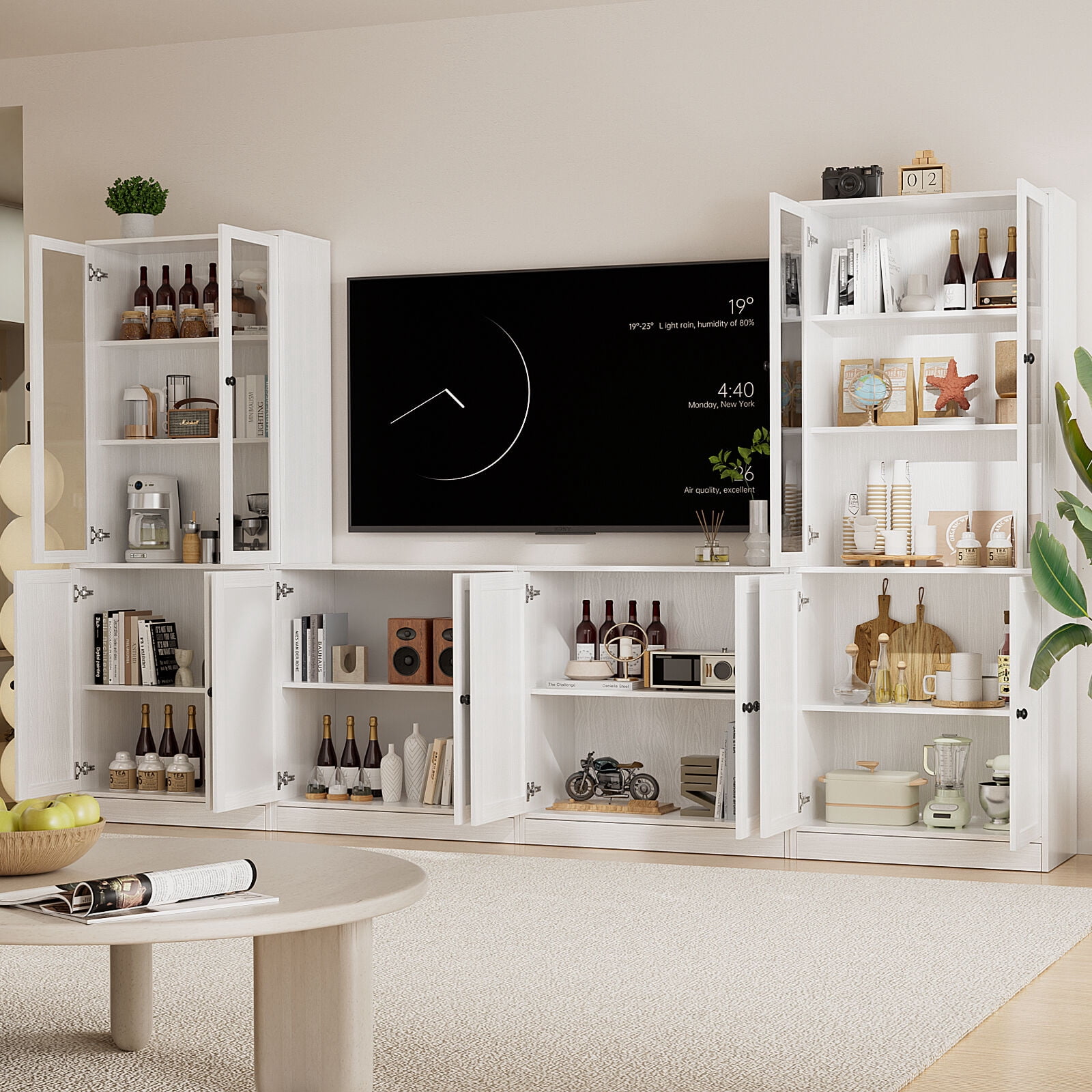 RichYa 4-Piece Entertainment Center with Bookshelves for TVs,TV Stand for TVs up to 60”,TV Stand Cabinets with Display Shelves for Living Room,White