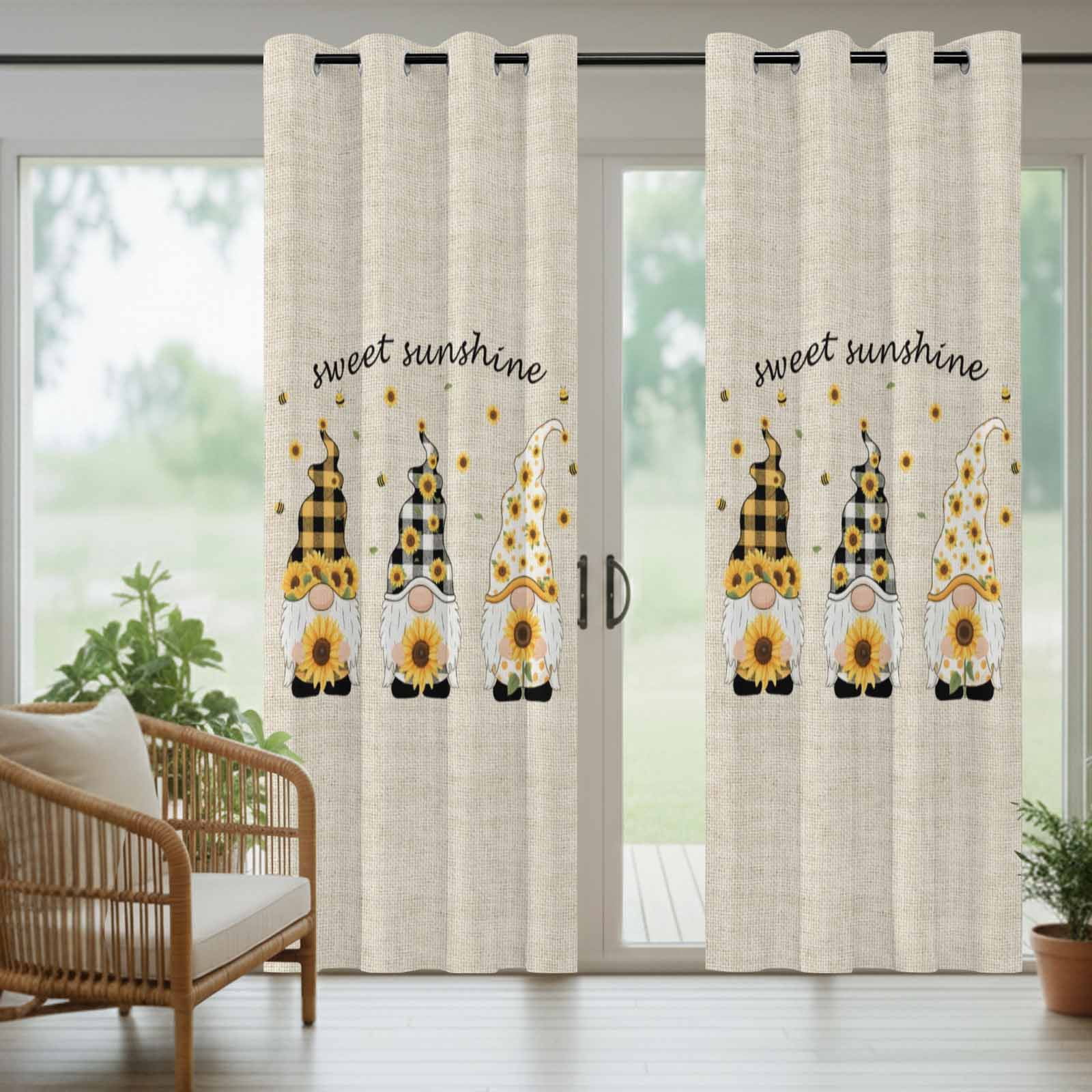 2 Panels Outdoor Curtains for Patio Waterproof 54"x95" Vintage Gnomes Weatherproof Privacy Outsides Curtains, Sunflowers Summer Botanical Retro Art Rustic Grommet Thermal Drapes for Cabana Porch