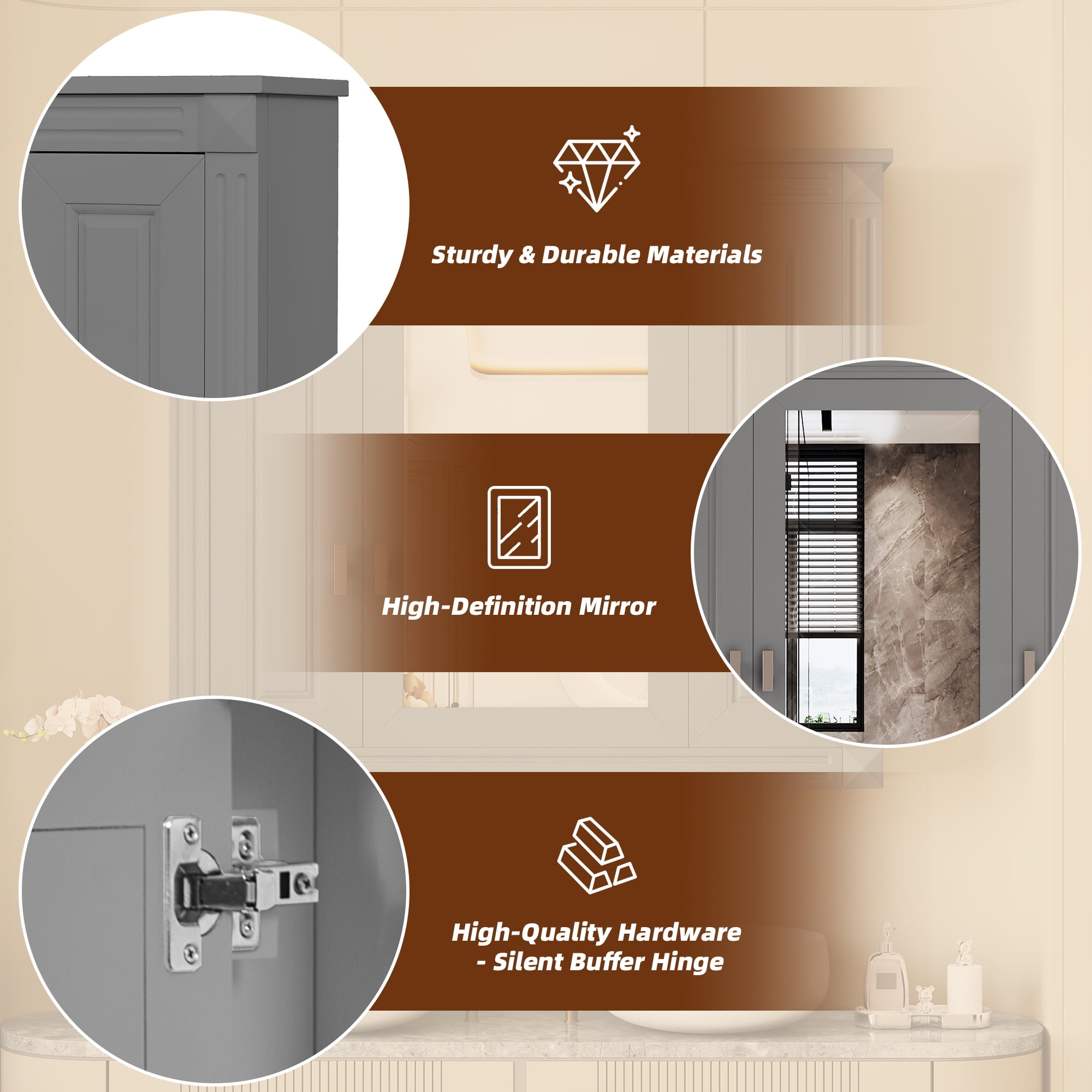 Euroco Bathroom Wall Cabinet with Mirror, Wall Mounted Medicine Cabinet with 4 Shelves, Mirrored Door Over Toilet Storage Cabinet