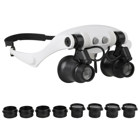 LED Double Eye Magnifier, Illuminated Double Eye Jeweler Watch Repair Magnifying Glasses Loupe Headband Magnifier (10X 15X 20X 25X Magnifications)